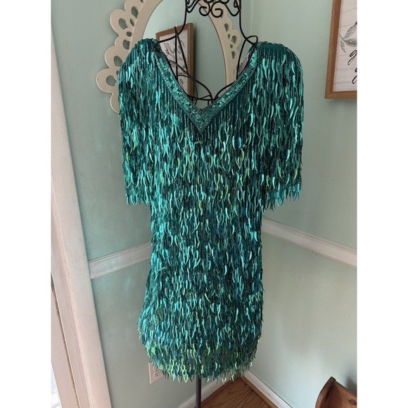oleg cassini seqin dress 12 teal Coktail Gown Knee Length Flapper